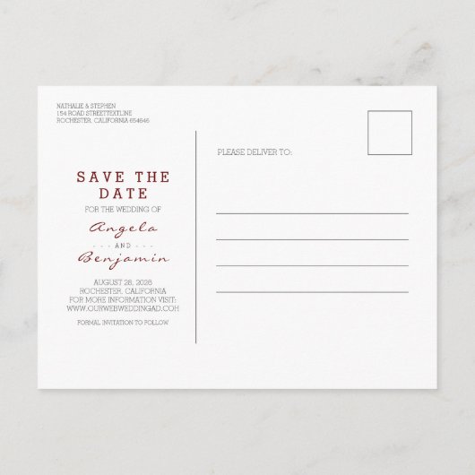 Burgundyと金ゴールドフローラ日付写真を保存 案内ポストカード (裏面)