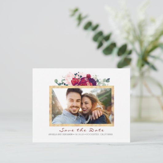 Burgundyと金ゴールドフローラ日付写真を保存 案内ポストカード (スタンド正面)