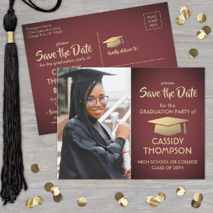Burgundyと金ゴールド卒業写真Save the Date ポストカード