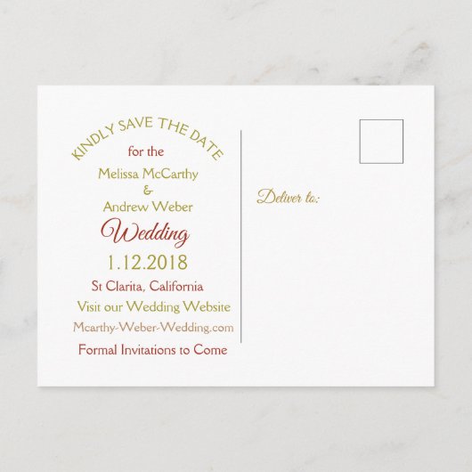 Burgundyと金ゴールド日付はがきを保存 案内ポストカード (裏面)