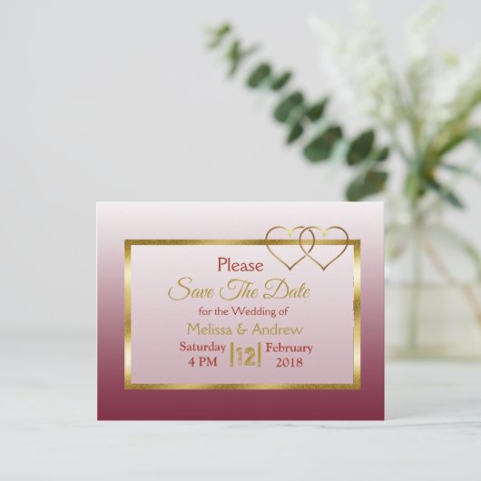 Burgundyと金ゴールド日付はがきを保存 案内ポストカード (スタンド正面)