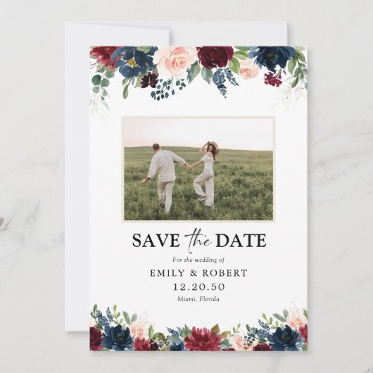 BurgundyとNavyが写真カードで日付を保存 セーブザデート (正面)