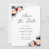 BurgundyとNavyのフローラは日付カードを保存 セーブザデート (正面)