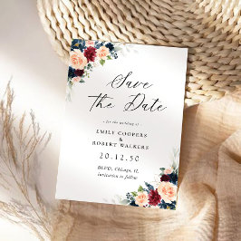 BurgundyとNavyのフローラは日付カードを保存 セーブザデート