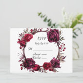 BurgundyとRed RoseのリースRSVPカード 招待状 (スタンド正面)