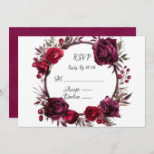 BurgundyとRed RoseのリースRSVPカード 招待状 (正面/裏面)