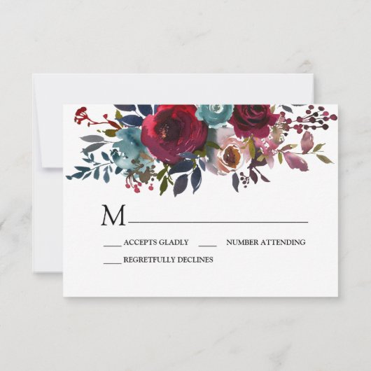 BurgundyとWhiteのフローラRSVP応答カード 出欠カード (裏面)