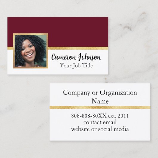 Burgundyのエレガント脚本と金ゴールド付き写真 名刺 (正面/裏面)