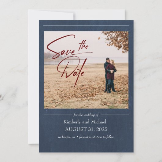 BurgundyエレガントとNavy Blue日付写真を保存 セーブザデート (正面)