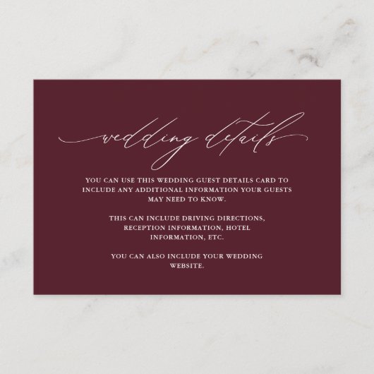 Burgundyエレガントゲスト詳細と書道 エンクロージャーカード (正面)