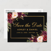 Burgundyエレガントフローラブラック金ゴールド保存日付 案内ポストカード (正面/裏面)