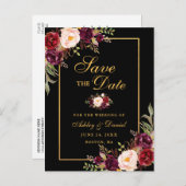 Burgundyエレガントフローラ日付を保存する黒金ゴールド 案内ポストカード (正面/裏面)