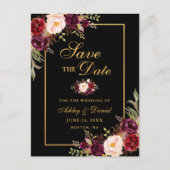 Burgundyエレガントフローラ日付を保存する黒金ゴールド 案内ポストカード (正面)