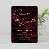 Burgundyエレガント金ゴールド日付を保存結婚する 箔招待状 (立ち正面)