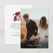 Burgundyエレガント Flower Photo結婚's Thank you サンキューカード (正面/裏面)