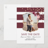 Burgundyエレガント Flowers Photo Save the Date 案内ポストカード (正面/裏面)