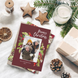 Burgundyクリスマスの葉の素朴な1写真 シーズンカード
