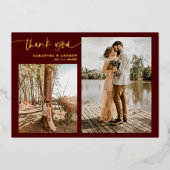 Burgundyスクリプト5枚感謝していの写真結婚: 箔招待状 (正面)