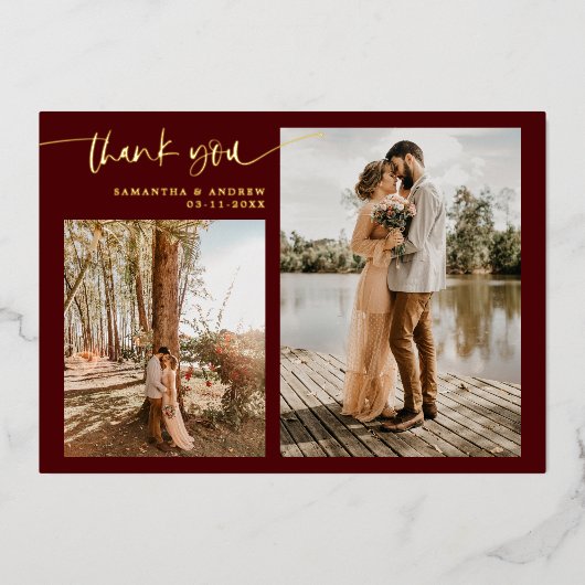 Burgundyスクリプト5枚感謝していの写真結婚: 箔招待状 (正面)