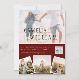 BurgundyフォトウェディングQRコード救日付 招待状