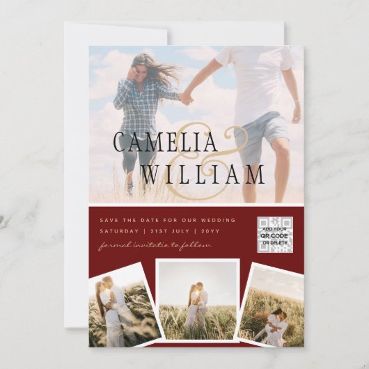 BurgundyフォトウェディングQRコード救日付 招待状 (正面)