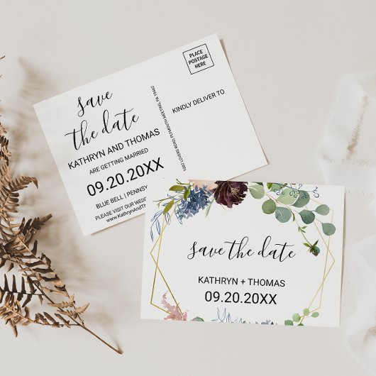 Burgundyフローラと緑Date Cardを保存 ポストカード