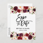 Burgundyフローラモダンブラシスクリプト日付の保存 案内ポストカード (正面/裏面)