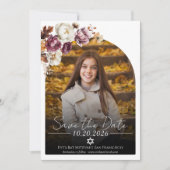 Burgundyフローラ写真バルミツワー日付を保存 招待状 (正面)