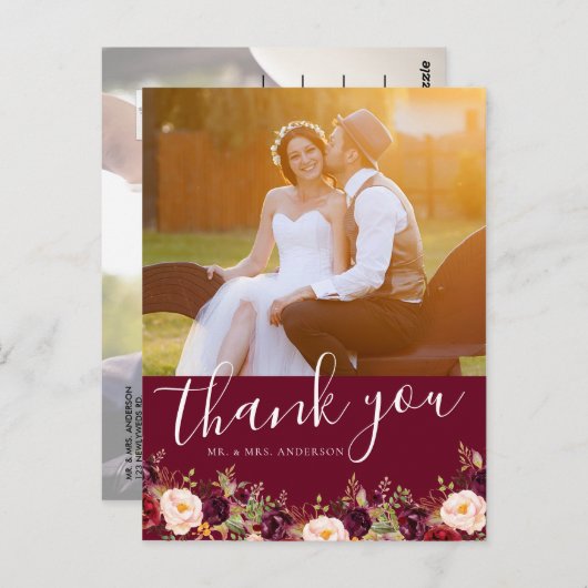 Burgundyフローラ写真素朴結婚の感謝 ポストカード (正面/裏面)