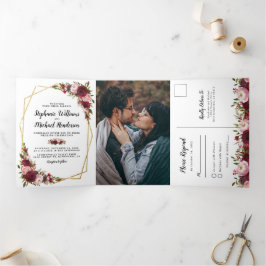 Burgundyフローラ写真結婚すべて 三つ折り招待状
