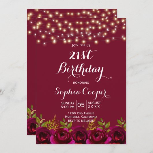 Burgundyフローラ列ライト21歳の誕生日パーティー 招待状 (正面/裏面)