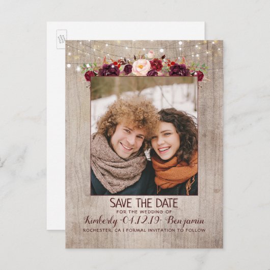 Burgundyフローラ素朴写真Save the Date 案内ポストカード (正面/裏面)