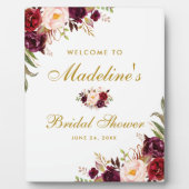 Burgundyフローラ金ゴールドブライダルシャワーWelcome フォトプラーク (正面)