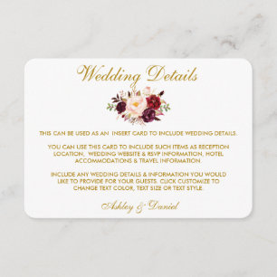 Burgundyフローラ金ゴールド結婚の詳細挿入カード エンクロージャーカード