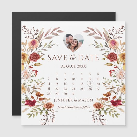 BurgundyフローラBoho Save the Date Photo Magnet (正面/裏面)