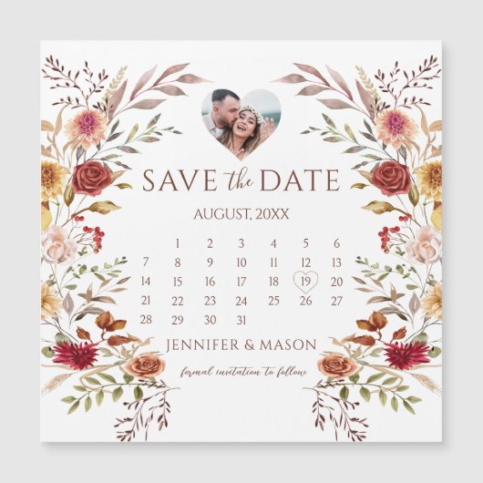 BurgundyフローラBoho Save the Date Photo Magnet (正面)
