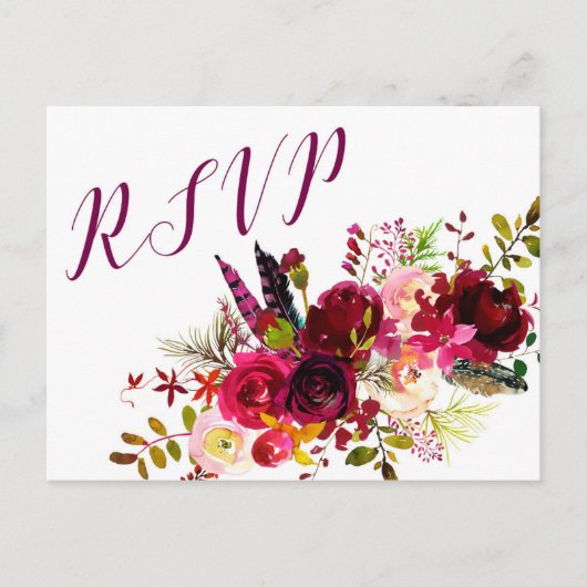 BurgundyフローラRSVP返信3979, entreeの選択肢 インビテーションポストカード (正面)