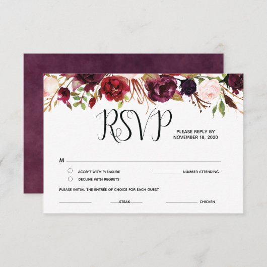 BurgundyフローラRSVP、応答、返信カード エンクロージャーカード (正面/裏面)