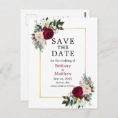 Burgundyホワイトフローラ日付金ゴールド枠の保存 ポストカード (正面/裏面)