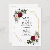 BurgundyホワイトフローラGeoフレーム日付を保存 ポストカード (正面/裏面)