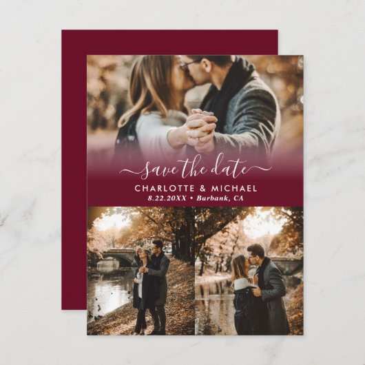 Burgundyモダンの結婚写真Date Cardを保存 案内状 (正面/裏面)