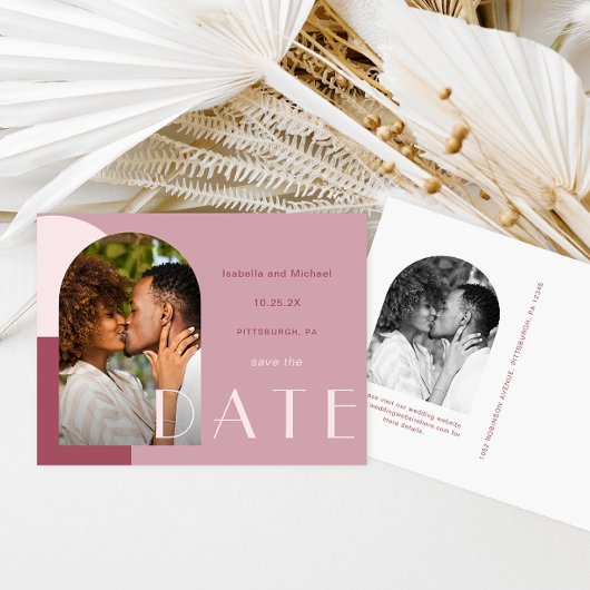 Burgundyモダン Arch写真の結婚式の日付を保存 ポストカード