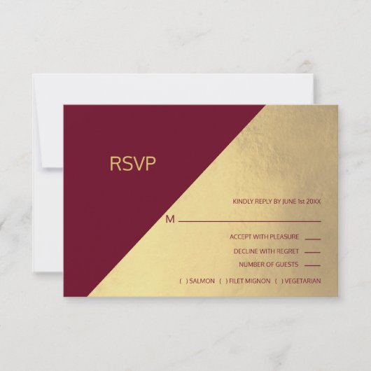 Burgundyモダン & Gold Foil RSVPメニュー結婚s 出欠カード (正面)