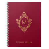 Burgundyモノグラムヴィンテージフェイク金ゴールドクレスト名 ノートブック (正面)