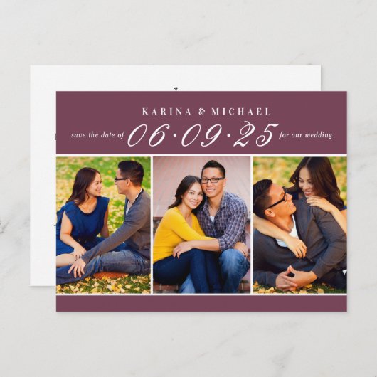Burgundy写真エレガントコラージュ日付を保存 案内ポストカード (正面/裏面)