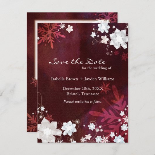 Burgundy冬の結婚式の日付を保存 案内ポストカード (正面/裏面)