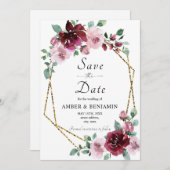 Burgundy埃っぽいバラフローラ金ゴールド保存日付 招待状 (正面/裏面)