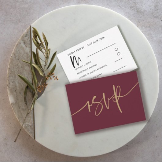 Burgundy書道モダン結婚式RSVP 出欠カード