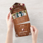 Burgundy素朴フローラウッドレース3写真 オールインワン招待状 (貼ってはがせる)