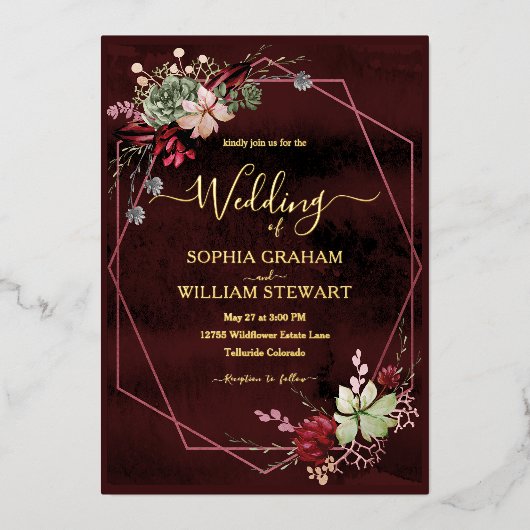 Burgundy素朴 Water Color書道の結婚作品 箔招待状 (正面)